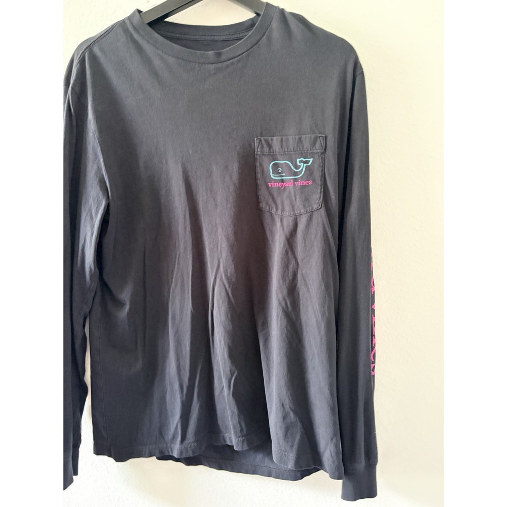 Vineyard Vines Long Sleeve Pocket T-Shirt Mens Medium Black Pink Blue Logo